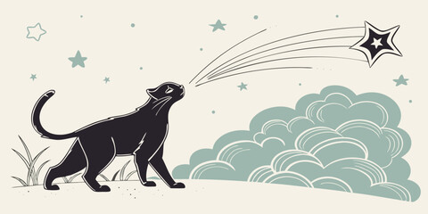 Graphic illustration of a black panther looking at a shooting star against a cloudy sky with shooting landscape illustration silhouette wildlife celestial astronomy mystical minimalist © Abu