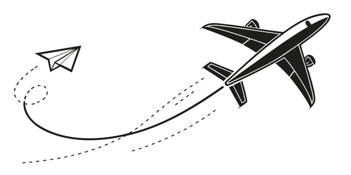 Passenger jet airliner flying behind paper airplane concept graphic with airplane airliner transport aviation illustration isolated background imagination creative business traveling