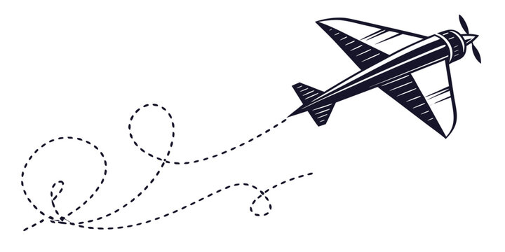 Vintage propeller airplane flying with decorative dotted flight paths airplane propeller aviation aircraft transport illustration isolated background navigation movement trajectory