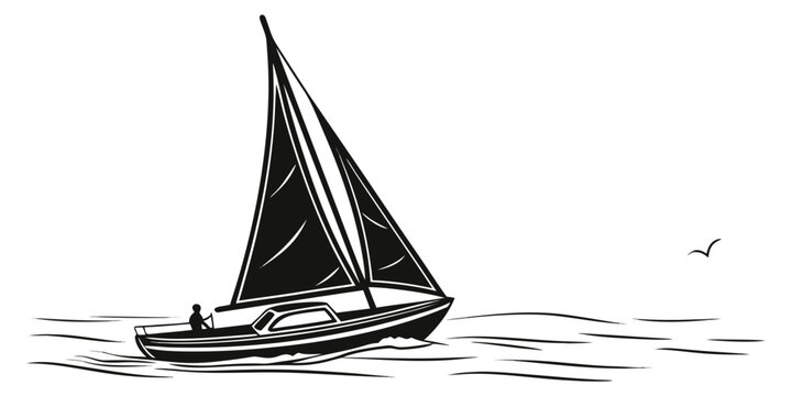 Minimalist black and white graphic of a sailboat on the ocean with a seagull sailboat nautical vacation shipping transportation adventure navigation seascape minimalist silhouette transport