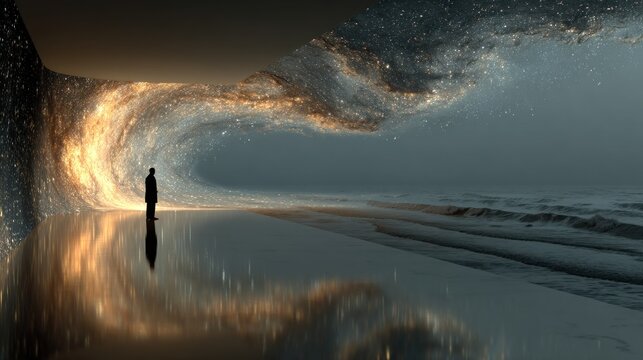 A solitary figure stands on a reflective shore bathed in ethereal golden light