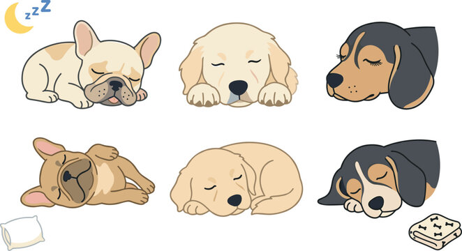 Sleeping Dog Collection Vector Illustration Featuring Peaceful Puppy Nap Positions Cozy Bedtime Poses and Relaxing Domestic Canine Lifestyle Elements