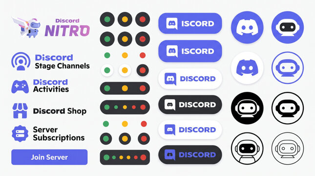Discord UI elements and logo icon set for gaming community app interface design with server subscriptions and status indicators isolated editable line icons vector illustration ui kit bundle packs