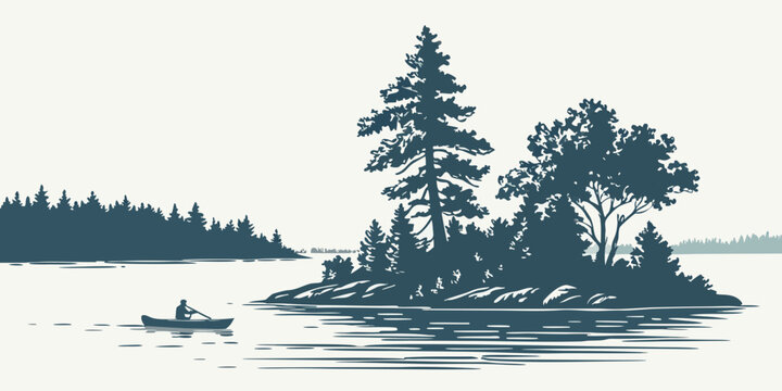 Graphic silhouette illustration of a person paddling a canoe on a calm forest lake with paddling landscape silhouette illustration wilderness adventure recreation transport peaceful outdoors