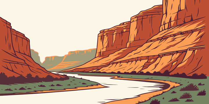 Illustration of a winding river through a deep orange desert canyon with landscape illustration environment formation background wilderness geological canyonland southwest artistic
