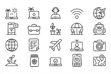 Fototapeta premium Remote work, travel and online lifestyle icons for digital platforms, dashboards and mobile apps