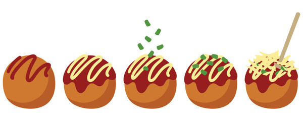 Takoyaki cooking steps showing preparation of japanese octopus ball snack. © MDTAZBIRHOSSAIN