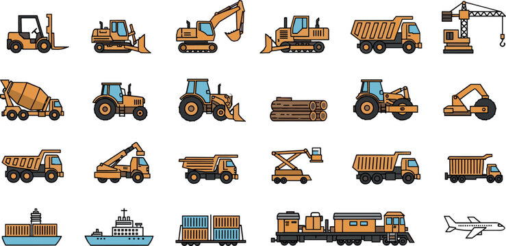 Construction Machinery And Heavy Transport Vehicle Vector Set With Excavators Trucks Cranes Ships Trains And Airplane Icons