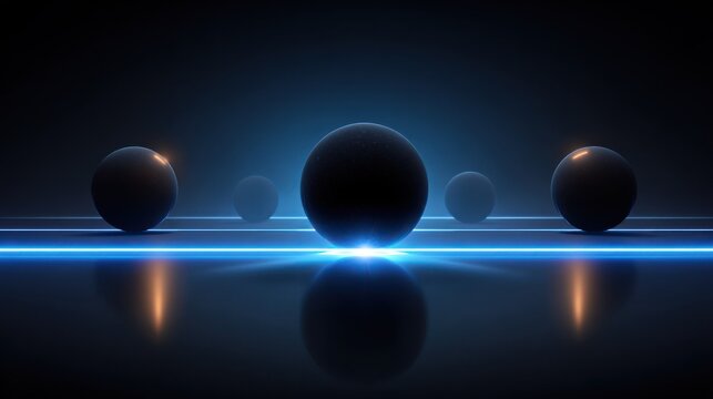 Dark spheres are positioned on a highly reflective surface illuminated by horizontal blue light beams