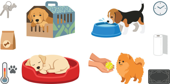Dog Daily Care Routine Vector Illustration Featuring Feeding Sleeping Hydration Crate Training Grooming and Essential Domestic Pet Lifestyle Activities