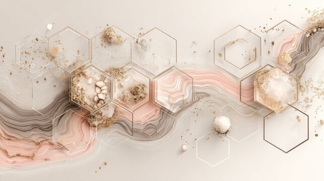 Abstract composition featuring translucent hexagonal shapes layered over flowing pastel marble textures with golden inclusions