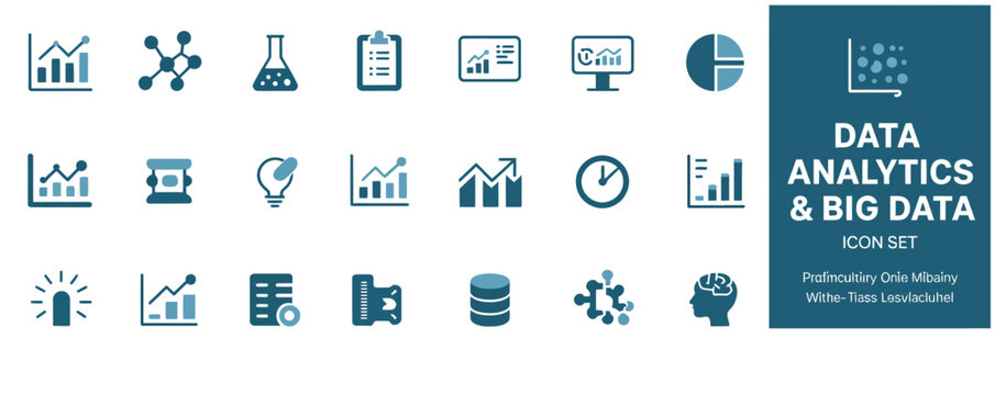 Data analytics and big data flat icon set for modern business and technology reports