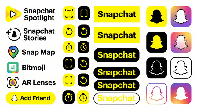Snapchat social media app branding and UI icon set containing ghost logo, spotlight, map, bitmoji, ar lens and stories buttons editable vector line icons collection for mobile interface resources.