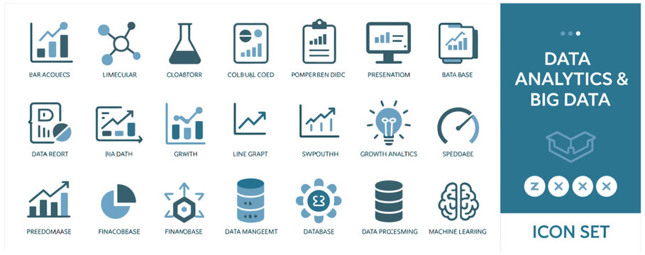 Comprehensive set of data analytics and big data flat vector icons for business