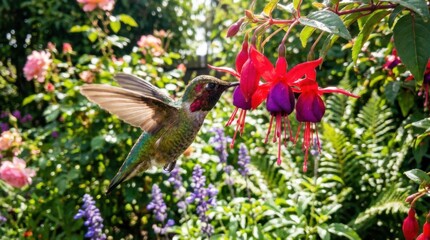 Naklejka premium Iridescent hummingbird hovering in a lush garden while feeding on vibrant pink and purple fuchsia flowers surrounded by green foliage, roses, and lavender in bright daylight.