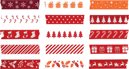 Christmas washi tape strips set featuring festive patterns of snowflakes candy canes pine trees stars stockings gifts and reindeer vector © MstJasmin