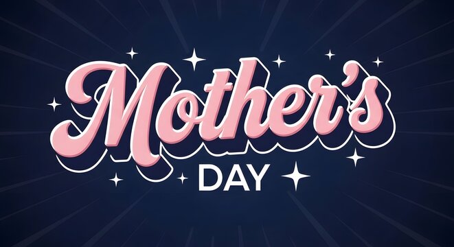 Mothers day greeting card design with pink cursive typography and stars on dark blue background