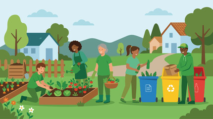 Fototapeta premium People on World Environment Day promote eco sustainability by gardening and recycling in a community garden on a sunny day.