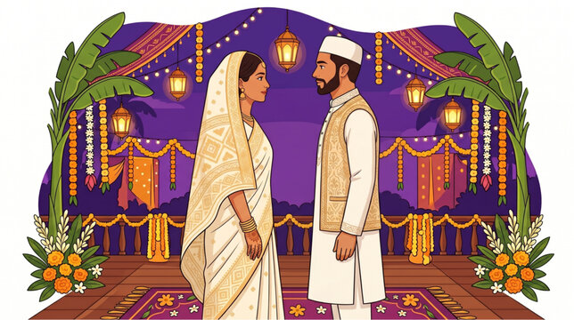 Bangladeshi Muslim couple in traditional Jamdani saree and panjabi