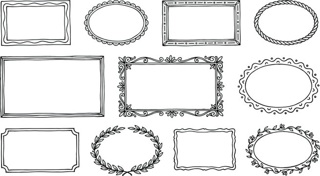 Vintage hand drawn black doodle frames set featuring ornate rectangular and oval borders laurel wreath floral elements sketch line art vector