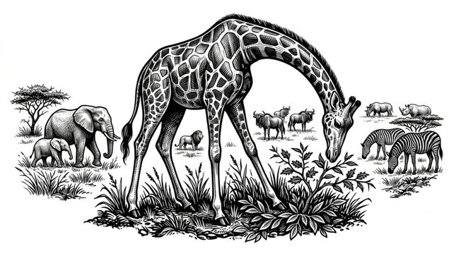Giraffe eating leaves in the savanna with other animals.