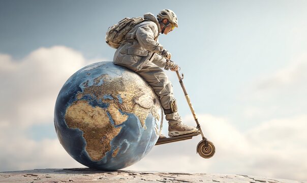 Futuristic Explorer Riding a Big Planet Earth Ball Under Cloudy Sky
