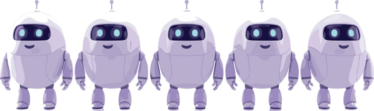 Cute futuristic ai robot character vector set featuring five identical white oval shaped chatbot mascots with glowing blue eyes standing in row