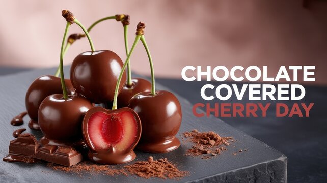Delicious chocolate covered cherries on a rustic slate surface