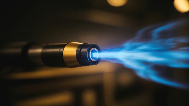 Industrial welding torch flame burning in dark background