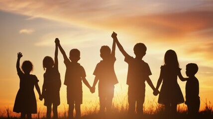 Fototapeta premium Silhouettes of happy children holding hands against a golden sunset sky