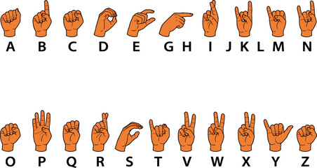 American sign language alphabet vector set featuring orange hand gestures for finger spelling english letters from A to Z isolated on white © MstJasmin
