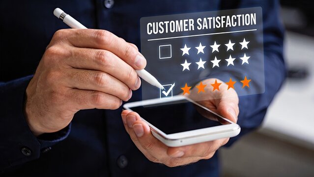 Customer satisfaction survey feedback form with five star rating system, client giving positive review score, quality service assessment, business reputation management, user
