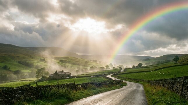 Vibrant rainbow and bright sunbeams breaking through dark storm clouds over rolling green hills, a winding asphalt road, mist-covered valley, and a traditional stone farmhouse cottage.