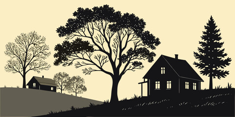 Rustic house among trees silhouette landscape illustration with landscape silhouette illustration countryside building architecture isolated background farmland environment residential © Lap