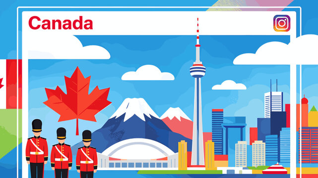 Stylized illustration of Canada featuring iconic landmarks like the CN Tower, a maple leaf, and guards in red uniforms against a vibrant blue sky.