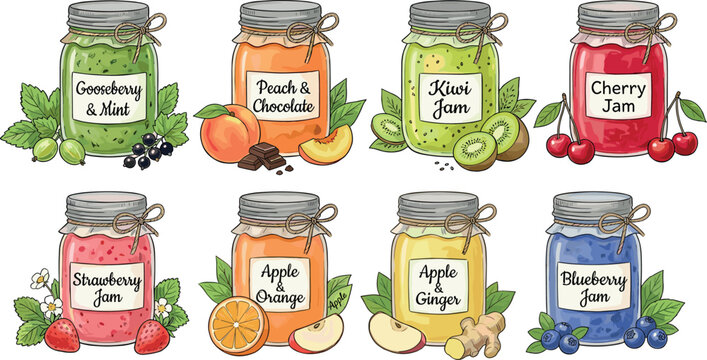 Fruit jam glass jars vector set featuring hand drawn strawberry cherry blueberry peach kiwi orange gooseberry apple and ginger marmalade preserves