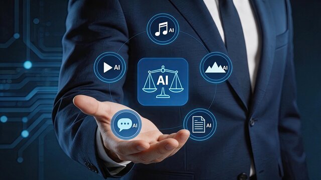 Artificial intelligence copyright law and legal regulations concept, scales of justice with AI icons for music, video, image, text and chat, intellectual property rights