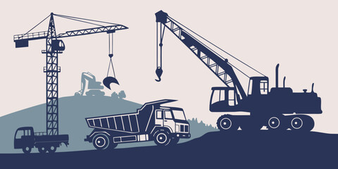 Heavy construction machinery silhouettes featuring tower crane mobile crane and dump truck on a construction site construction machinery industry building engineering equipment silhouette © Lap