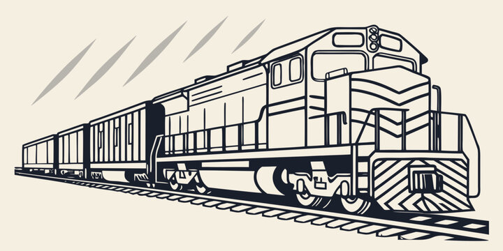 Clean line art illustration of a powerful modern diesel locomotive pulling long freight cargo cars on a railroad track with locomotive transport railroad transportation electric logistics