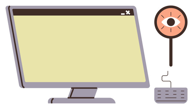 Online security, privacy protection, surveillance, web monitoring, internet safety, data analysis. Computer screen, keyboard and eye icon. Online security and privacy protection concepts