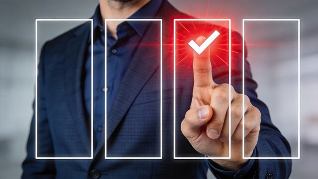 Man finger pressing glowing red checkmark button on virtual interface screen, making a positive selection or voting decision in a digital poll or survey application process.