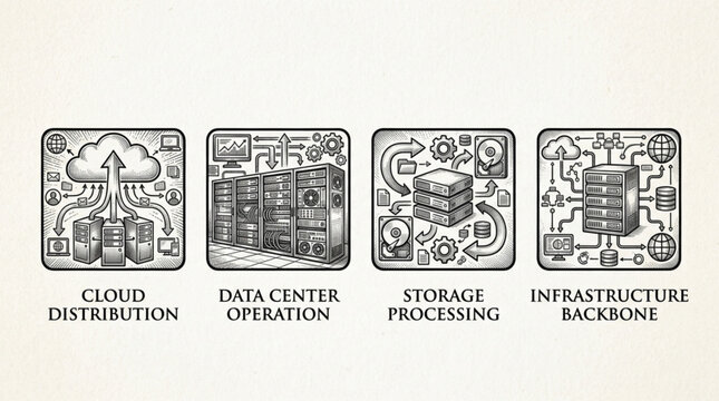 Four illustrations of cloud distribution data center operation storage processing and infrastructure backbone.