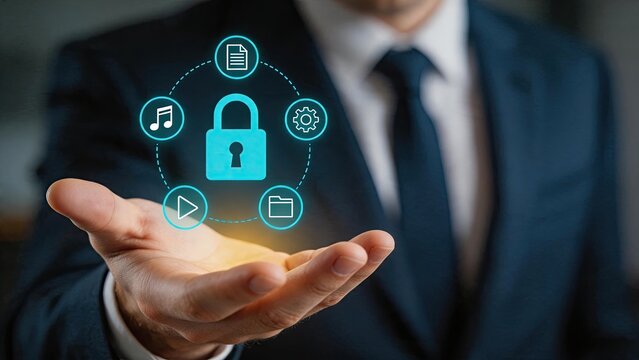 Cyber security protection concept with hand holding glowing padlock surrounded by data files music settings folder icons representing safe digital privacy and encryption
