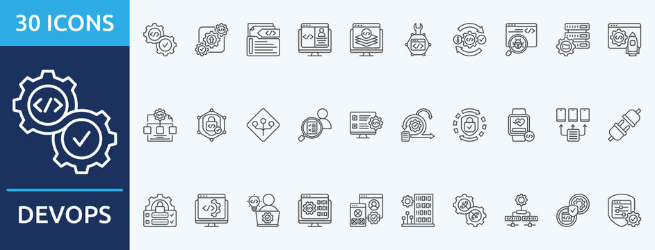 devops
 ci cd pipeline, logging, fronted, full stack, staging
- Icon Collection. Thin outline Set contains such Icons as s
 and more. Simple web icons set
