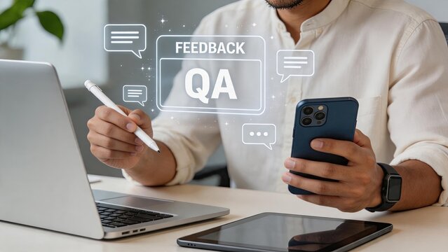 Person writing feedback and QA notes on laptop and tablet while holding smartphone, quality assurance testing process, software development lifecycle, user interface evaluation