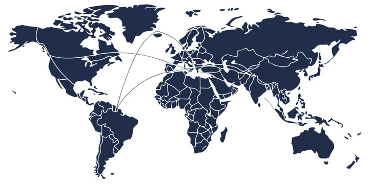 Vector world map showing centralized global connections with curved lines originating from center and connecting to various continents connection business logistics communication international