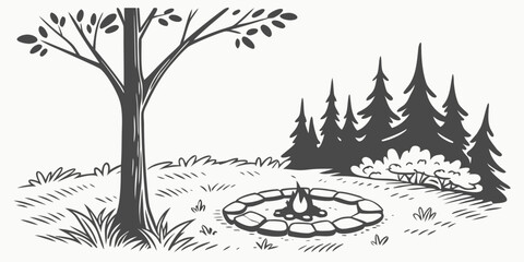 Campfire in a forest glade illustration hand drawn style camping scene with trees and nature monochrome outdoor adventure graphic design element line art black white pine trees stone ring © Lap