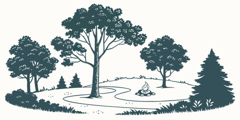 Forest scene illustration with campfire and winding path multiple trees and bushes in a natural outdoor landscape hand drawn style graphic element for camping and nature themes outdoor adventure © Lap