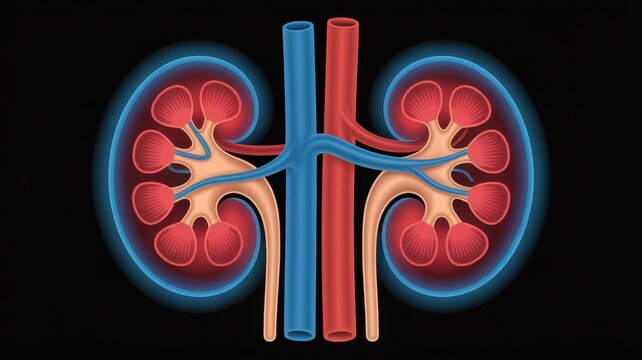 Anatomical illustration of human kidneys isolated on black background