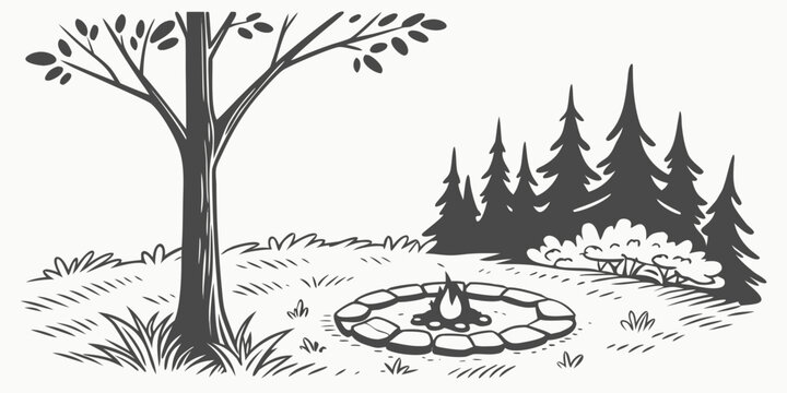Campfire in a forest glade illustration hand drawn style camping scene with trees and nature monochrome outdoor adventure graphic design element line art black white pine trees stone ring